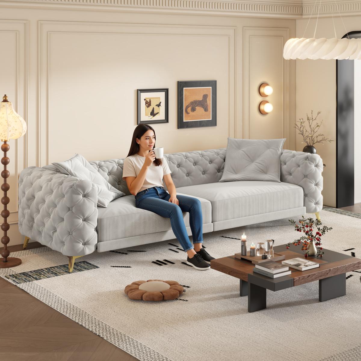 97.7" 3-in-1 Convertible Sleeper Sofa,28.4" Deep Seat Pull Out Sofa Bed,Button Tufted Modern Sofa,4-Seater Couch with Movable Ottoman  for Apartment,Office,Bedroom,Light Grey(Old SKU:W1885S00203)    RR