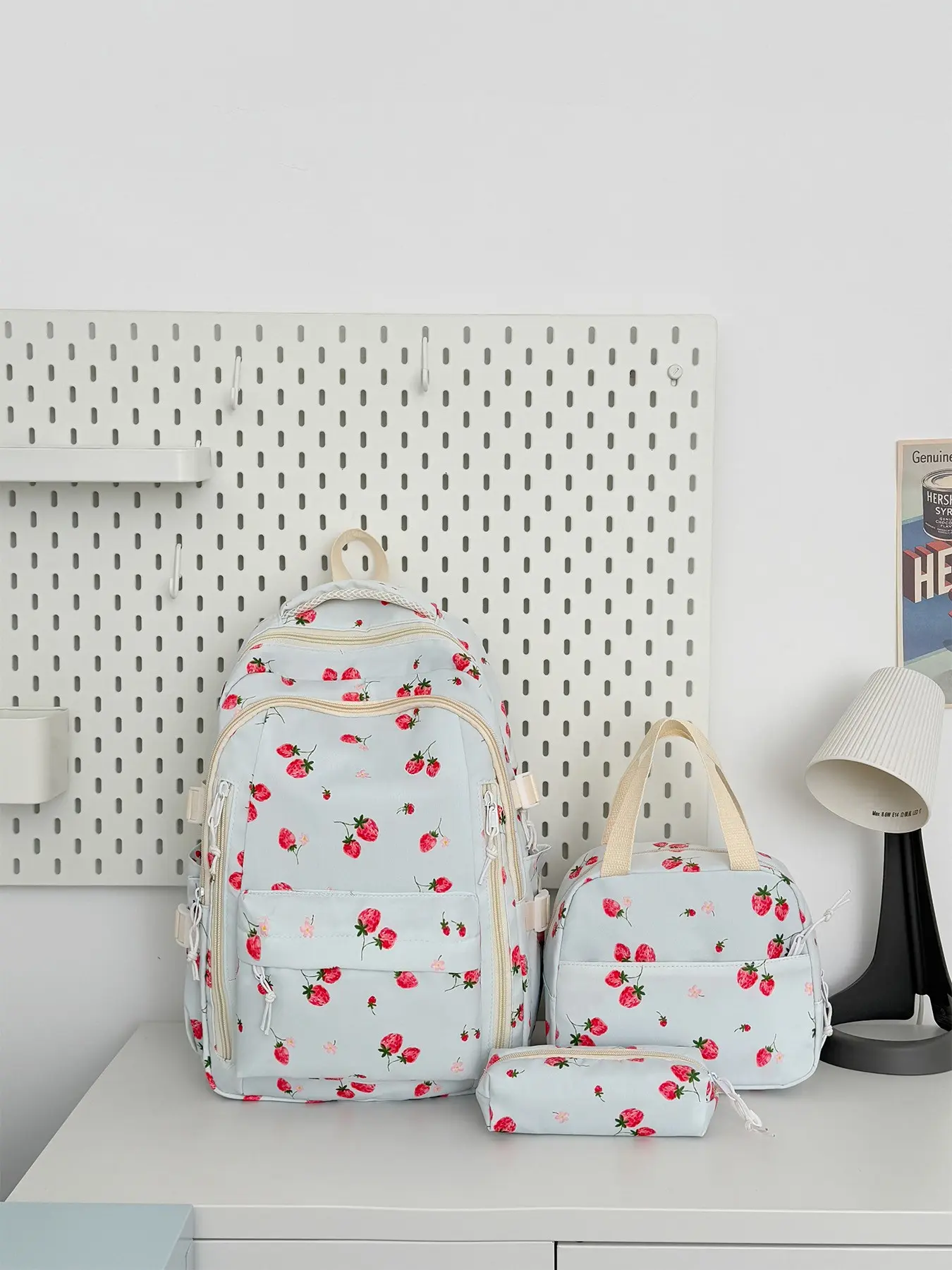3pcs Pale Base All Over Tiny Strawberry Floral 3Pcs Backpack Portable Cosmetic Bag Long Pencil Case Wide Strap Combo Bag For Women Shopping Short Trip