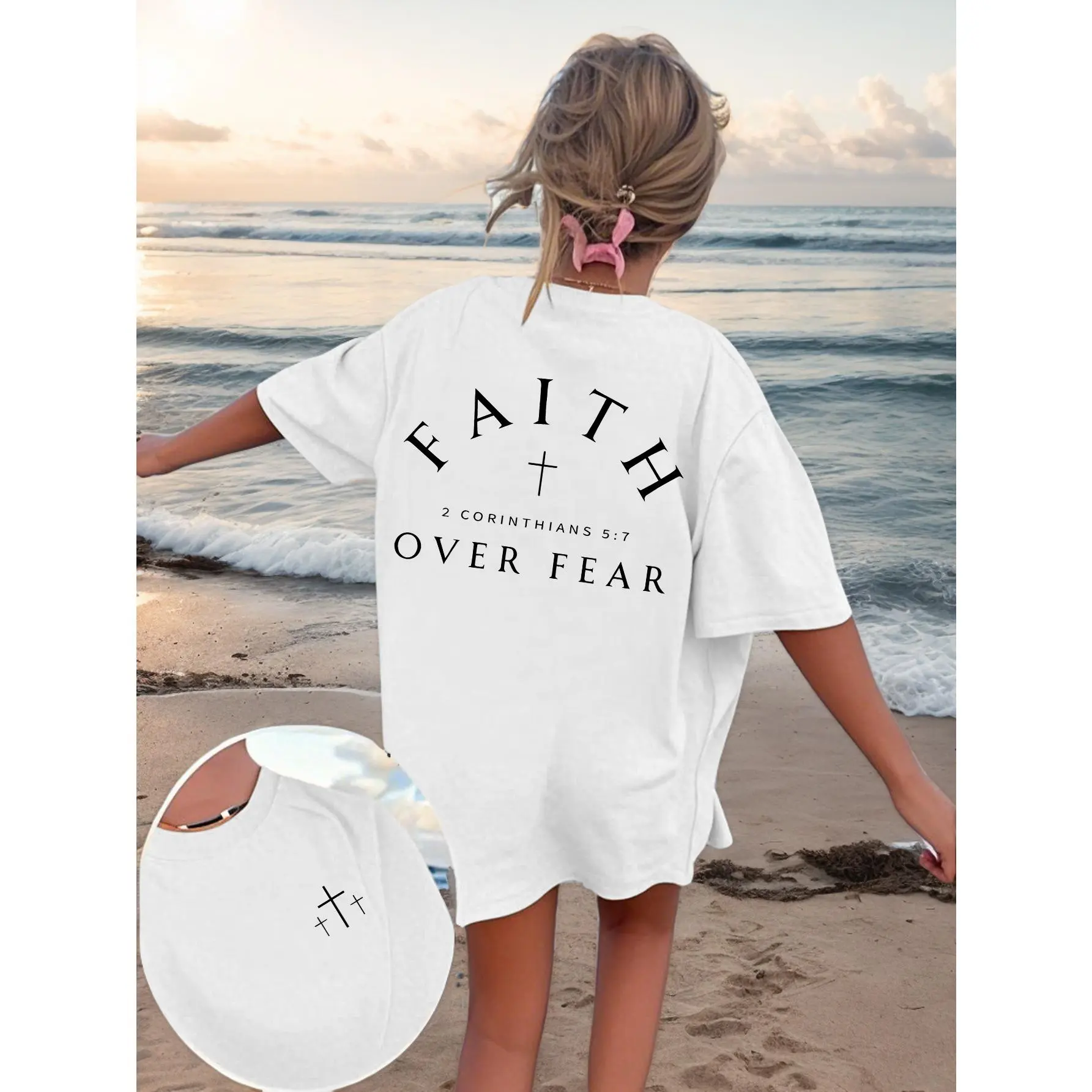 Women's Faith Overcomes Fear Graphic T-Shirt - Cute Round Neck Short-Sleeve Polyester Fabric Tee, Loose-Fit Athletic Pink Summer Streetwear for Chinese New Year