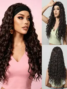 💫Effortless Glam Deep Wave Headband Wig in Brown Ombre, no lace, no glue, secure fit, adds length and volume for a stunning everyday hairstyle.