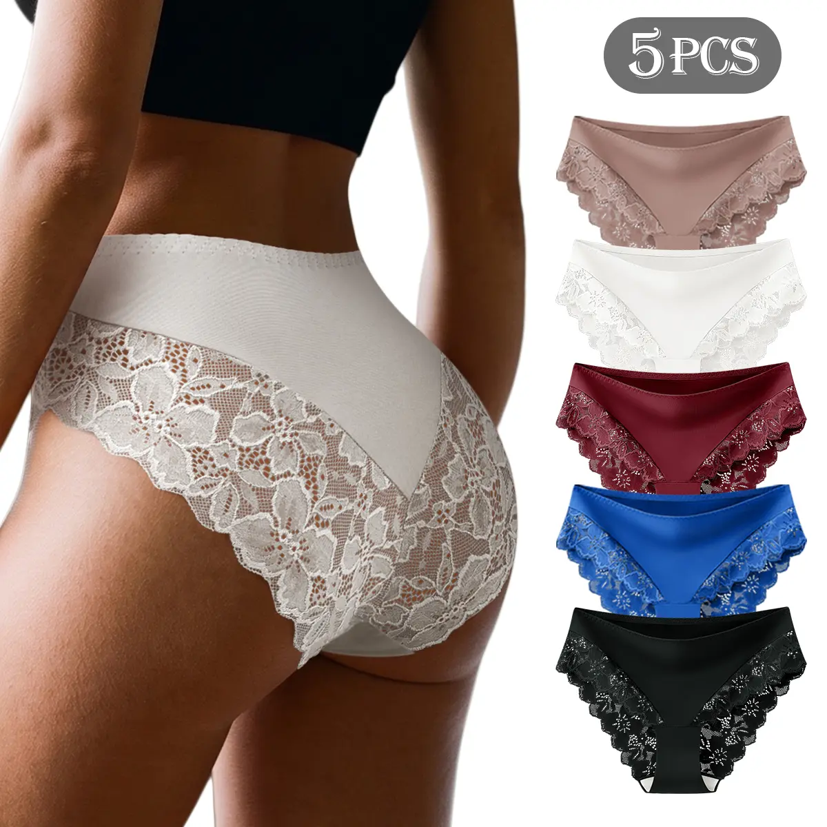 5PCS Mid Waist Elegant Scalloped Floral Lace Women Underwear Set, Breathable Sweatproof Non-Stuffy Summer Daily Briefs, No Ride Up Comfort Hip Fit Ladies Underpants for Everyday Wear, Home Relaxation, Work Outfits & Dating Look,