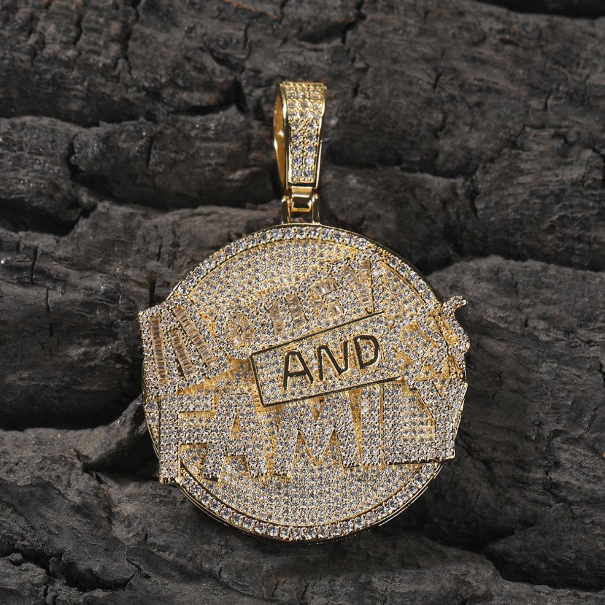 Copper Money & Family Letter Round Pendant Necklace with 5A+ Moissanite for Unisex, Miami - Inspired Luxury Daily Jewelry, Ideal Gift, Hip - Hop Style