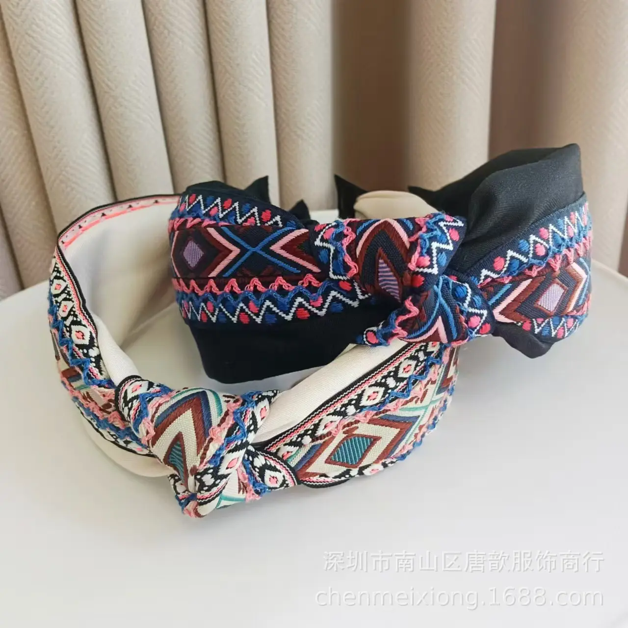 Boho Wide Headbands Solid Fabric Knotted Woven Ribbon Embroidery Ethnic Style Personalized Hair Hoops for Women Daily Vacation Outfit