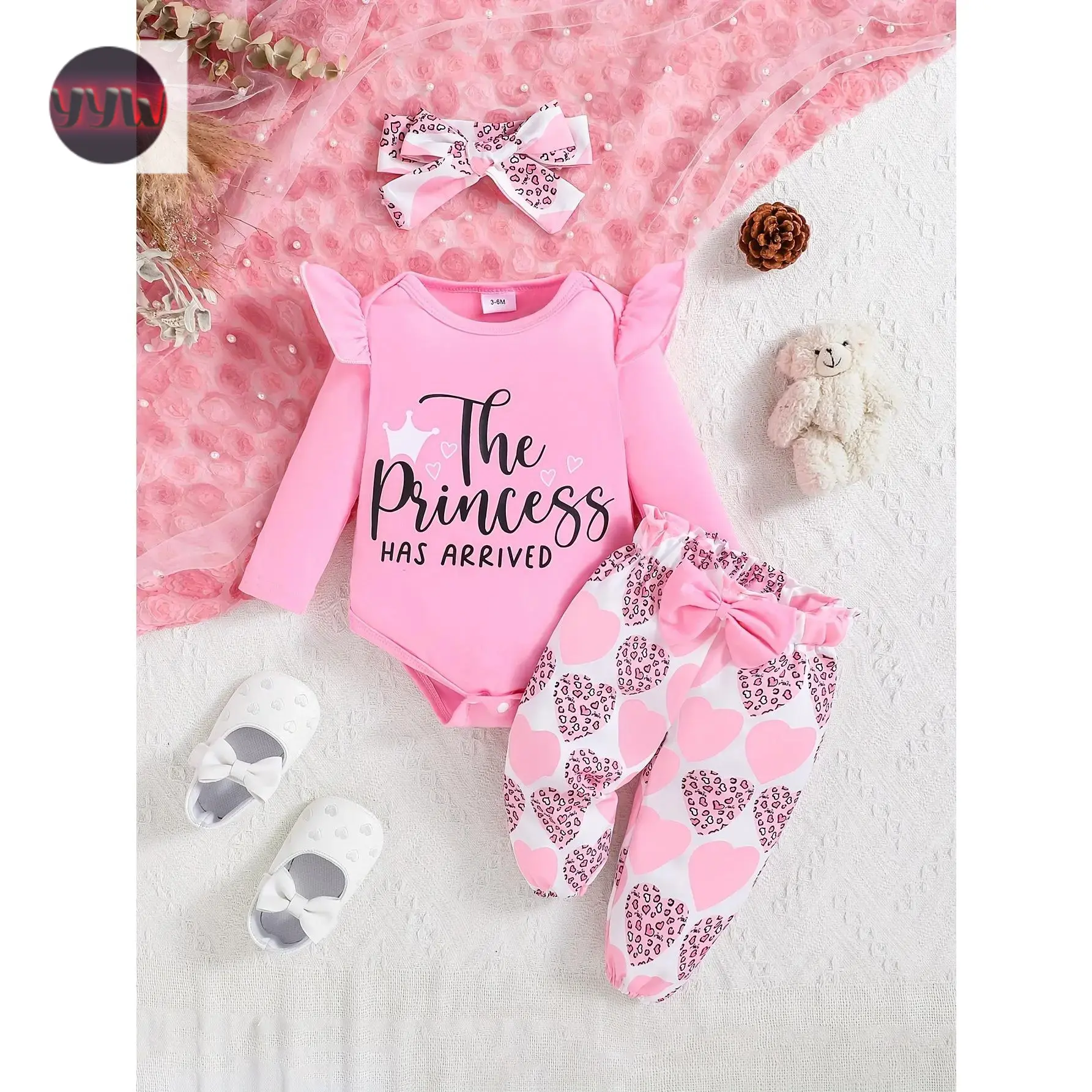 YYW1 New 3pcs Baby Girl Princess Print Outfit Set Pack, Long Sleeve Crew Neck Polyester Knit Romper with Ruffle Detail, Heart Pattern Pants & Headband, Regular Fit, Fall Perfect Day Gift for Outdoor Use