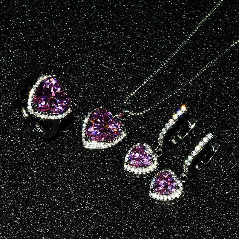 Heart-shaped pink diamond pendant, luxurious full-diamond pink crystal set, open ring and earrings