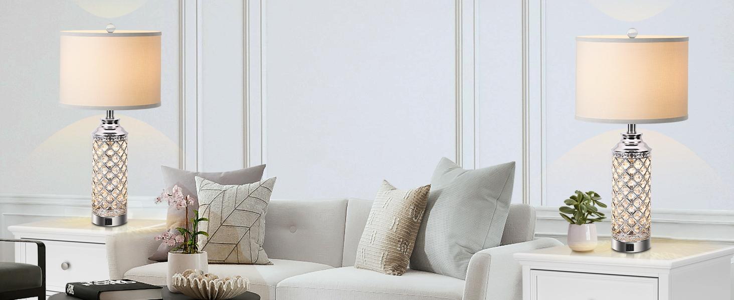 Table Lamps Set of 2 with LED Night Light, Nightstand Lamps with USB A+C Charging Ports, 24 inch Silver Crystal Bedside Lamps for Livingroom, Office, Study Room, Guest Room