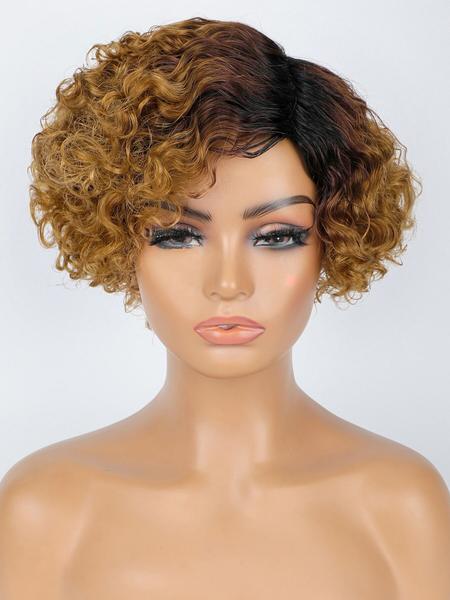 6inch T1B/30 Color Women's Short Curly Bob Wig with Bangs, 6 Inch Curly Hairpiece, Real Human Fiber, Full Machine Made, Perfect for Daily Wear, Natural Looking Wig