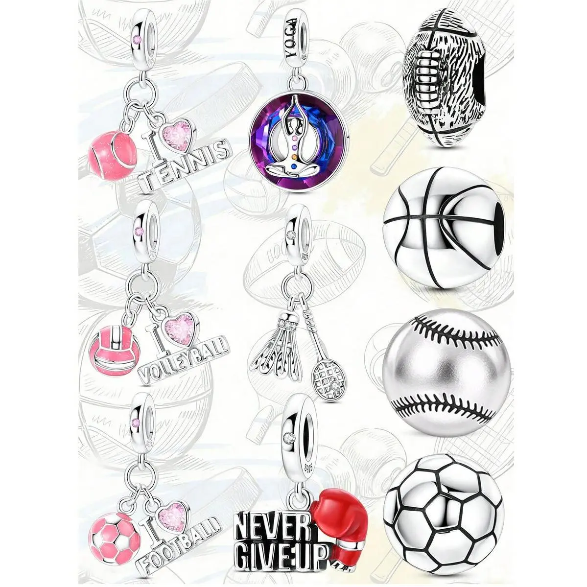 Silver Plated Bracelet Charms, Sport Dangle Beads Football Basketball Yoga Boxing Pendant,Birthday Gift For Sport Lover Fits Bracelet Necklace