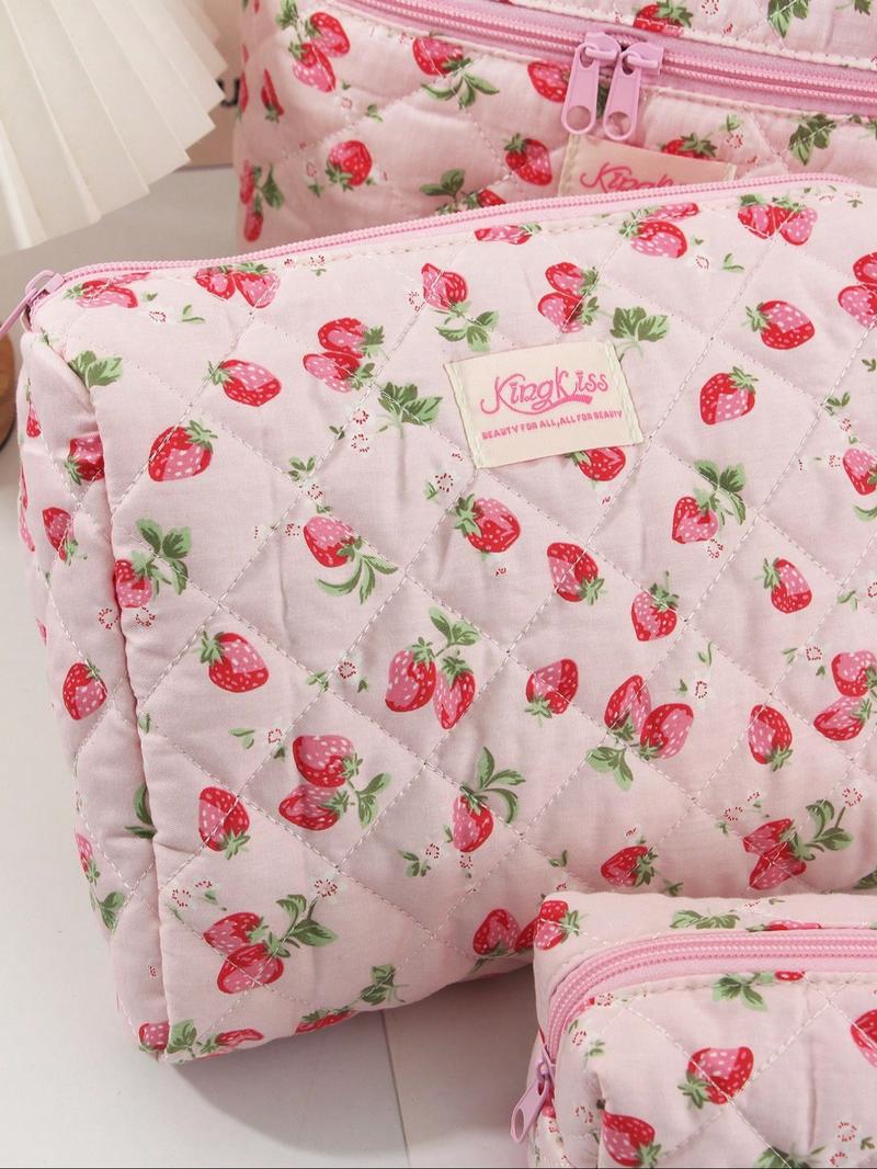 Strawberry Pattern Makeup Bag Set, Large Capacity Fluffy Makeup Bag & Toiletries Bag & Makeup Brush Bag, Portable Cosmetic Storage Bag, Makeup Organizer Pouch