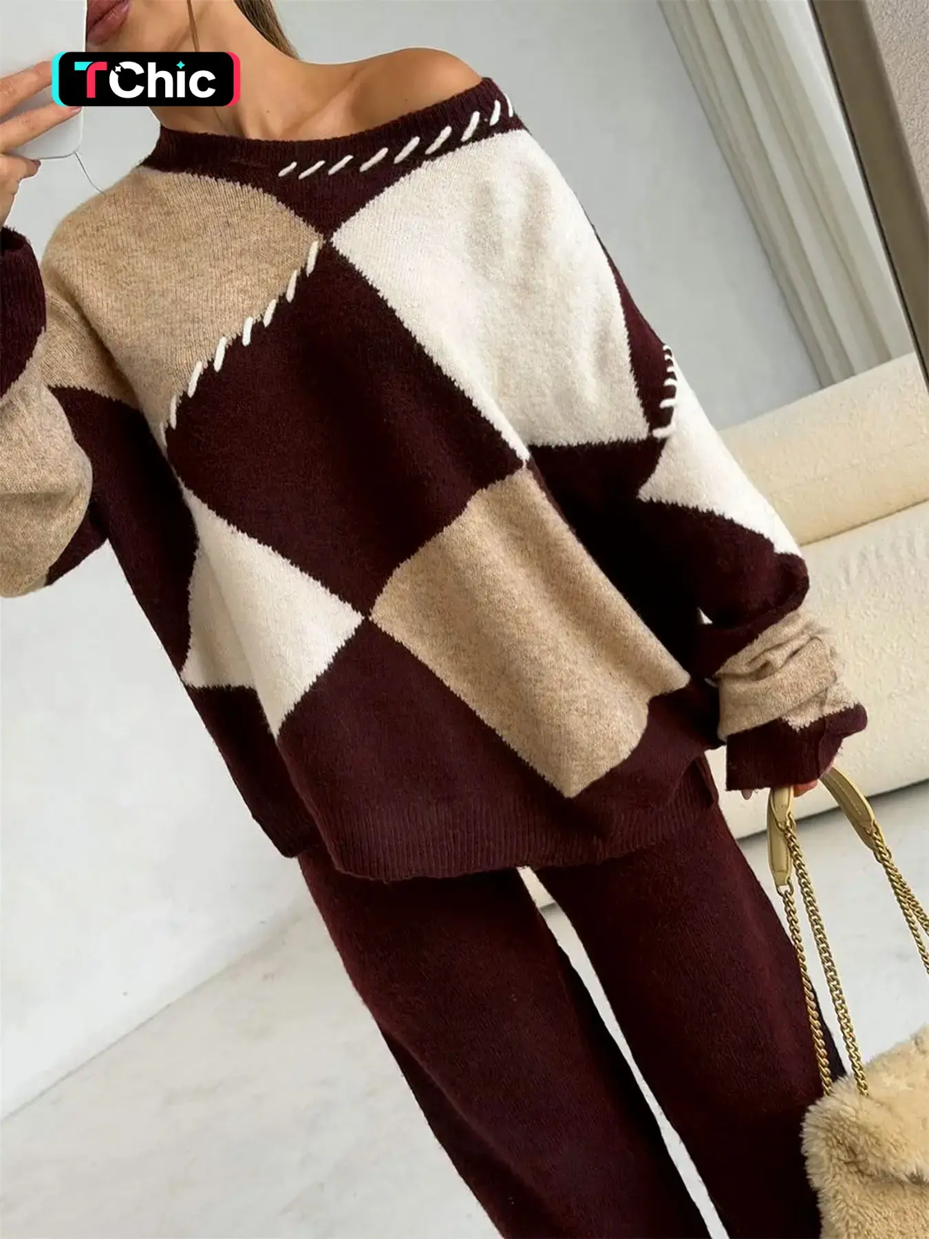 Women's Round Neck Contrast Vintage Argyle Off-Shoulder or Regular 2-Way Long Sleeve Sweater + Elastic Waist Straight Leg Pants – Fall Winter Cozy Loose Casual Fashion Pants Sweater Set, Classic Maillard Color Scheme Wear