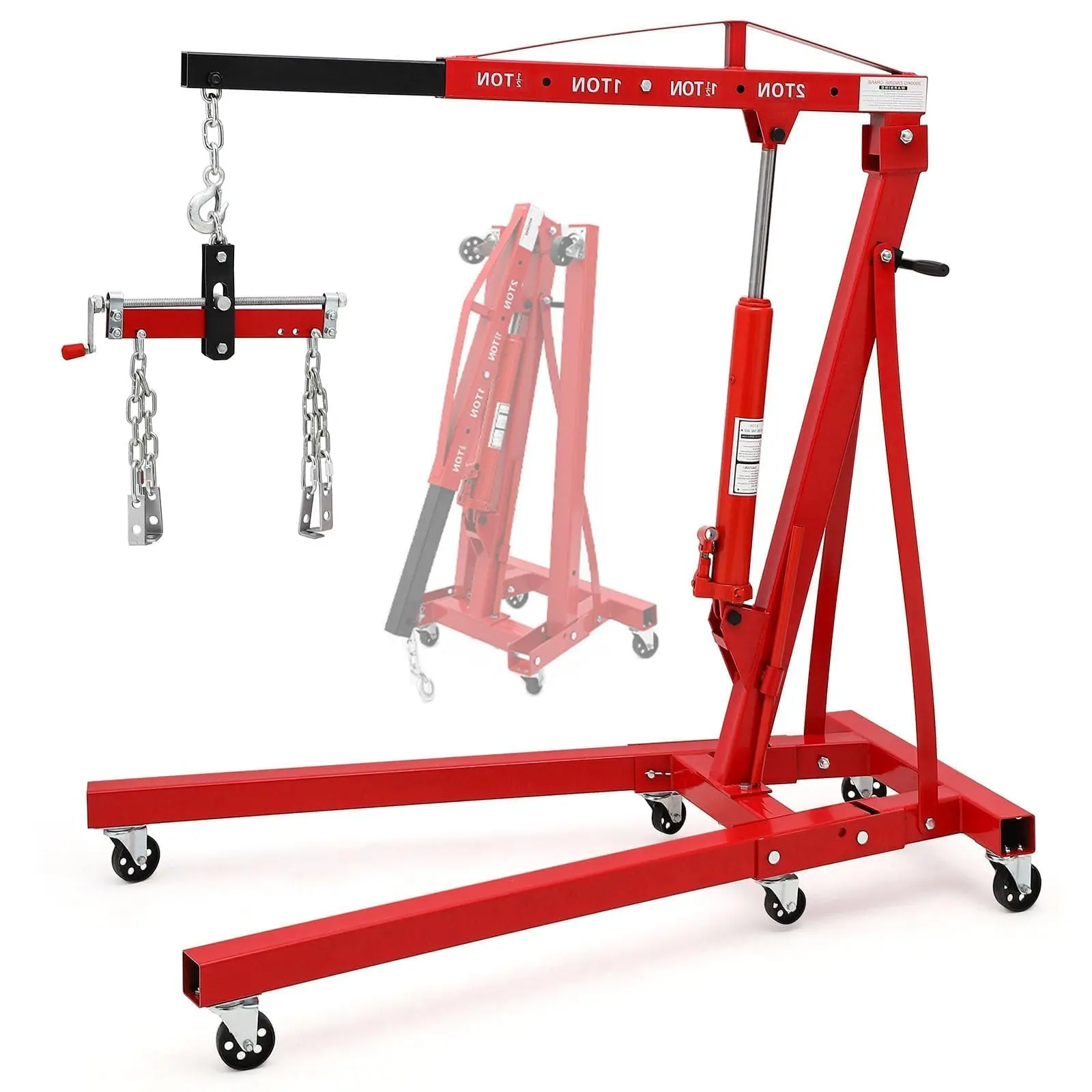 Hosslly 2-Ton Folding Hydraulic Engine Hoist, Heavy Duty Tool with 4400 lbs Capacity, Load Leveler, 6 Swivel Wheels, Hydraulic Pump, 0.5T-2T Adjustable Boom for Garage Mechanic Tools Repairs