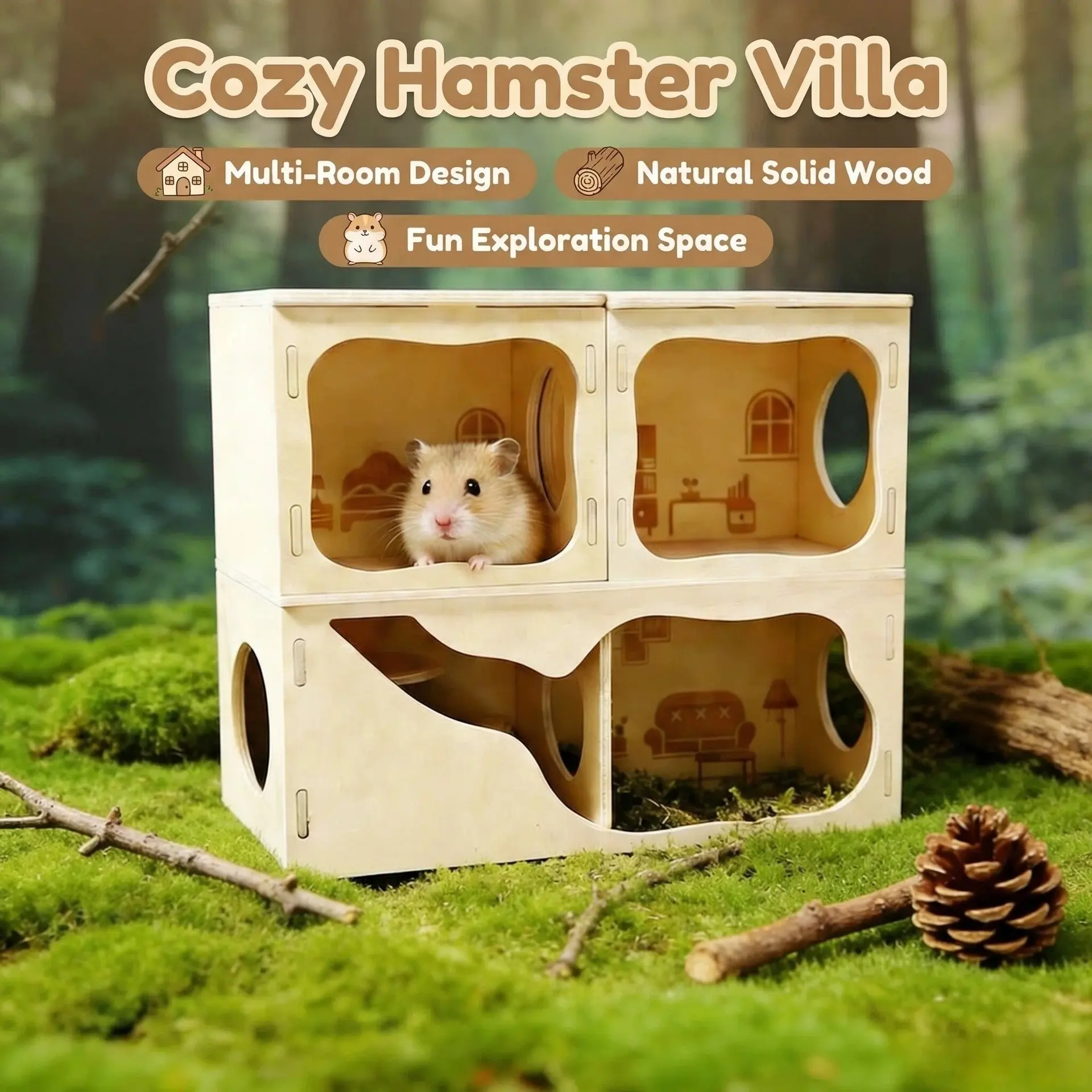 Solid Wood Double-Layer Landscape Villa Hideaway Tunnel Toy House for Hamsters - Small Animal Peeking Spot & Exploring Fun Habitat
