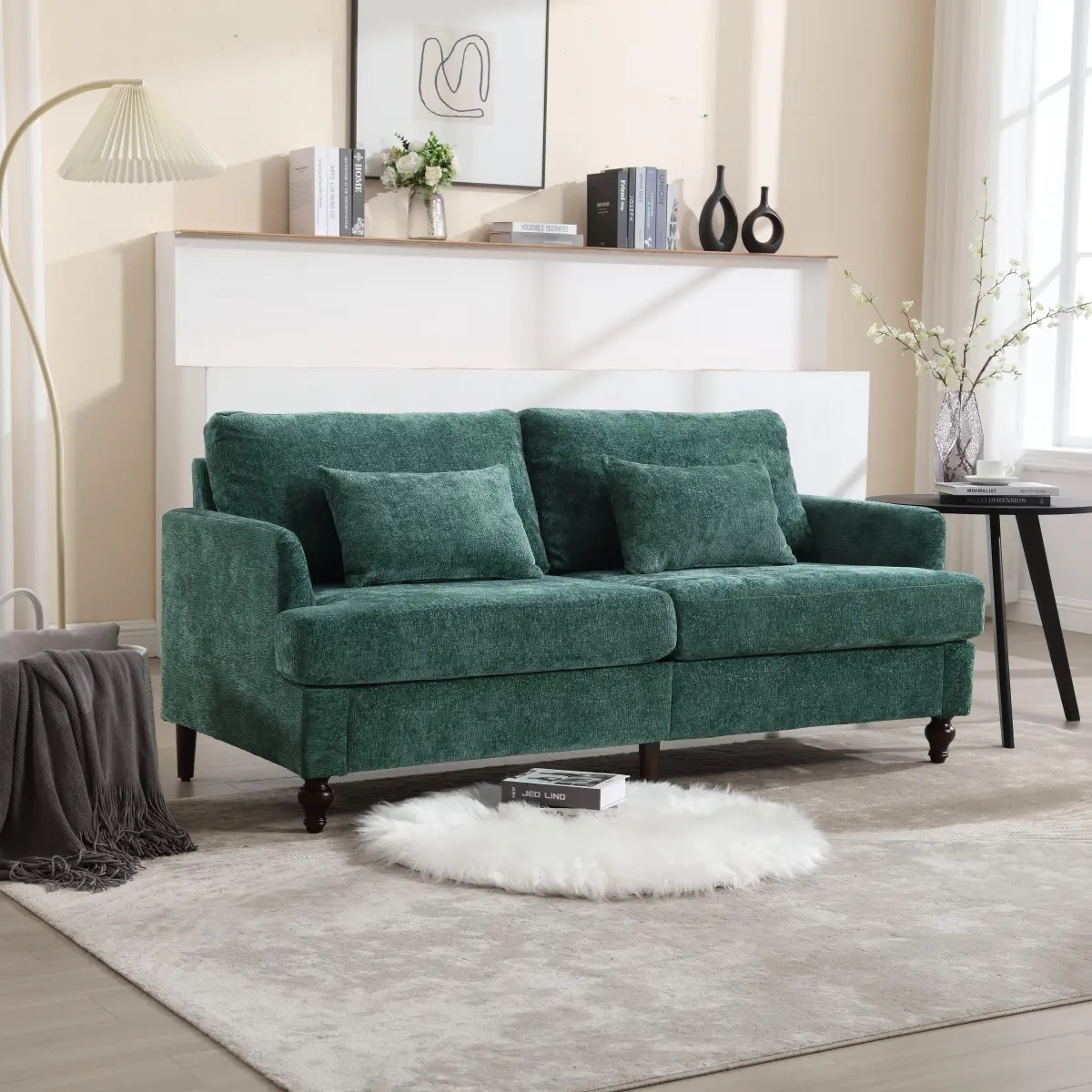 Loveseat sofa Mid Century Modern chenille Fabric Couch 2-Seat Upholstered Loveseat Sofa Modern Couch for Living Room,Brown wood feet sofa for Bedroom, Reading (Emerald Chenille)