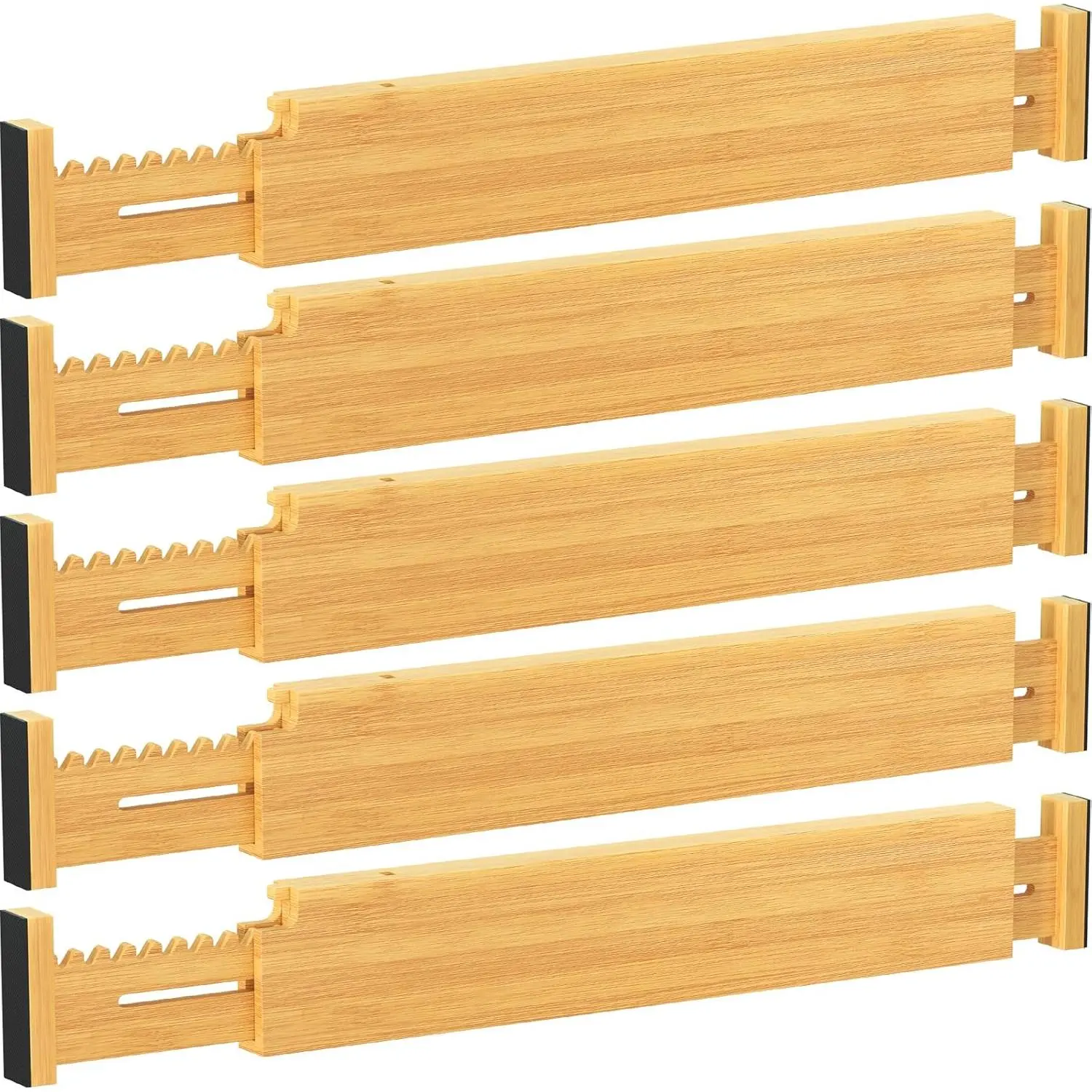 2.36" High 5 Pack Bamboo Drawer Dividers, 14.2-22" Expandable Kitchen Drawer Dividers, Adjustable Drawer Dividers for Clothes, Drawer Separators for Dresser, Kitchen, Bedroom, Bathroom