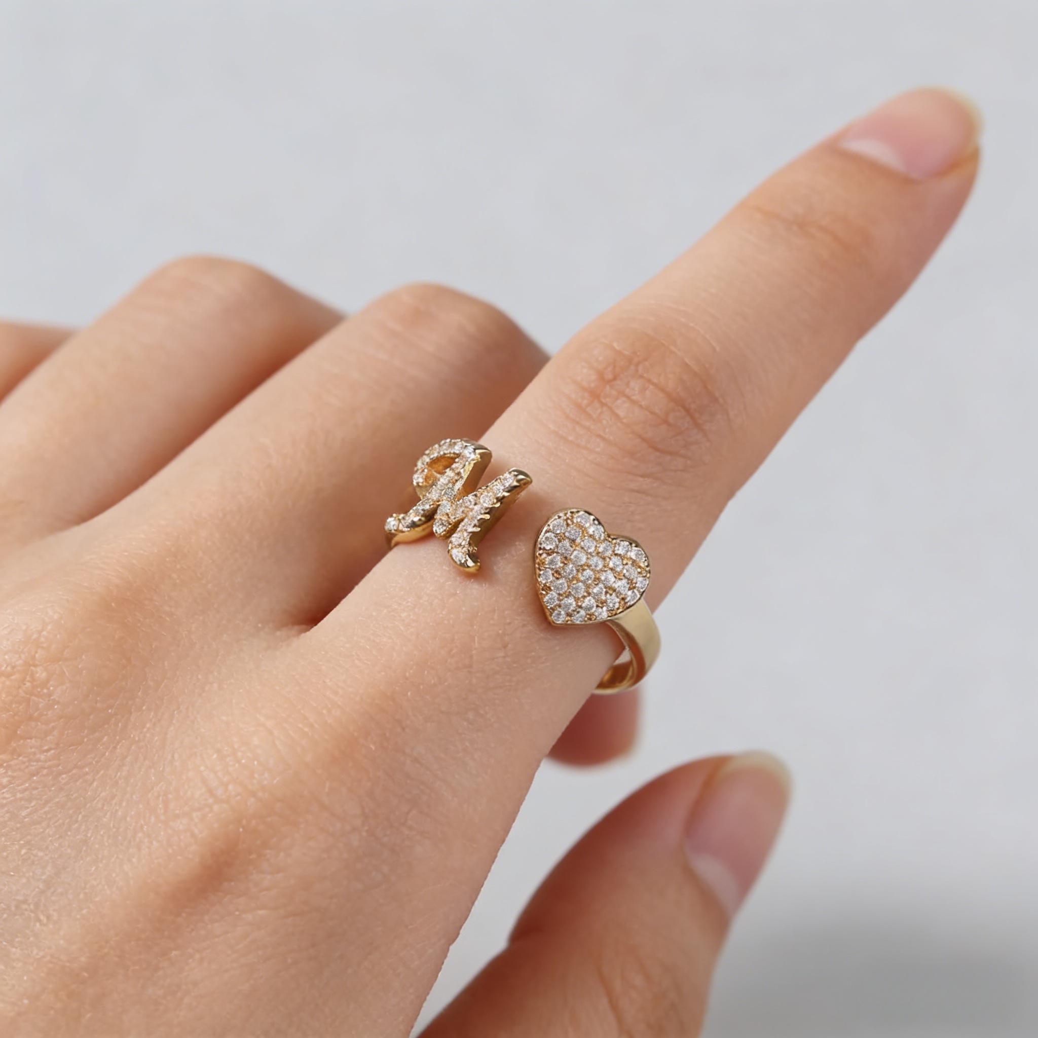 14K Gold Plated Copper Initial Heart Ring for Women, CZ Zirconia Adjustable Open Ring