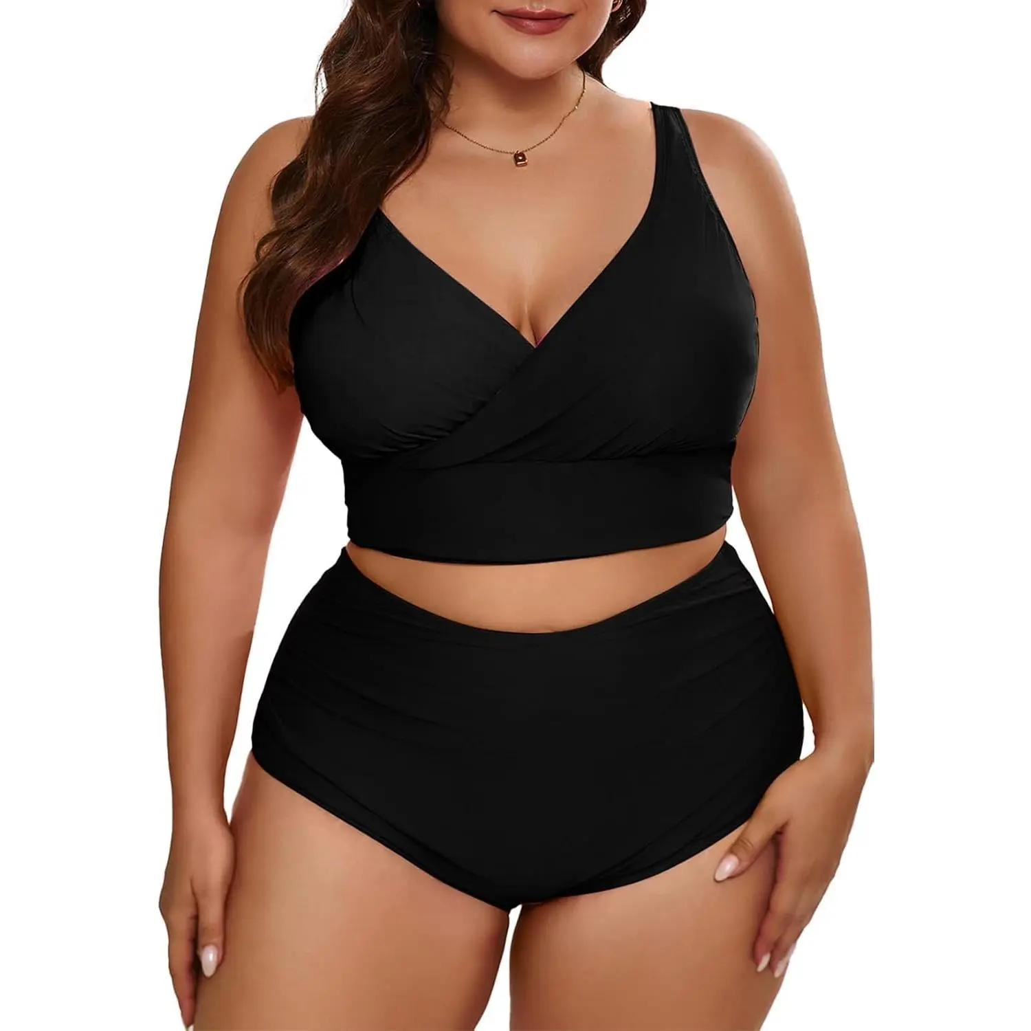Women's Plus Size High Waisted V Neck Two Piece Color Block Bikini Set Swimsuits (1X-5X)(Gift)