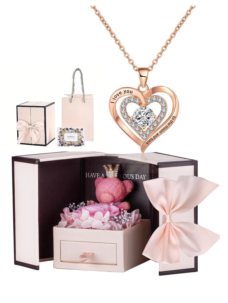 Elegant Heart Shaped Rhinestone Decor Pendant Necklace with Flower Rose Box, Fashionable Heart Design Necklace for Women, Elegant Jewelry for Wedding Party, Accessories, Valentine's Day, Gifts for Her, Mother's Day Gifts, Gift Set for Mothers, Love