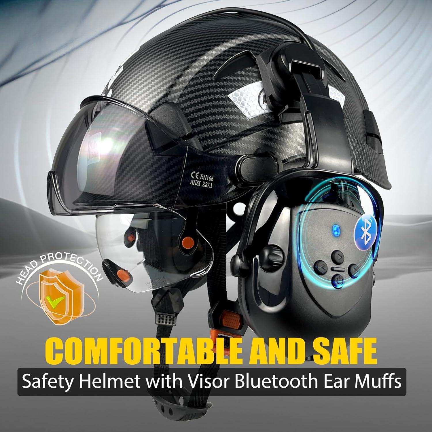 Vented Hard Hat with Visor and Bluetooth Ear Muffs, SNR 26dB Hearing Protection, Adjustable Suspension, Construction Safety Head Gear