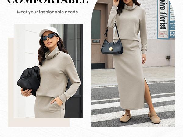 Casly Lamiit Women's 2 Piece Skirt Set Turtleneck Tops Long Skirt Matching Outfits with Pockets Soft Breathable Fitted Basic Minimalist Design Loungewear - Womenswear Clothes