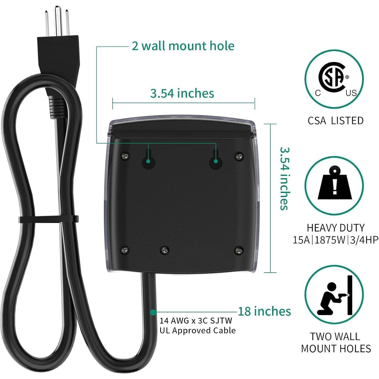 [Enhanced] Outdoor Timers, Mechanical 24 Hour Timer Outlet, Outdoor Light Timer  with Protective Cover, 18 in Cord, 15A 3/4HP, CSA Listed, Ideal for Engine Block Heater, Pool Pump