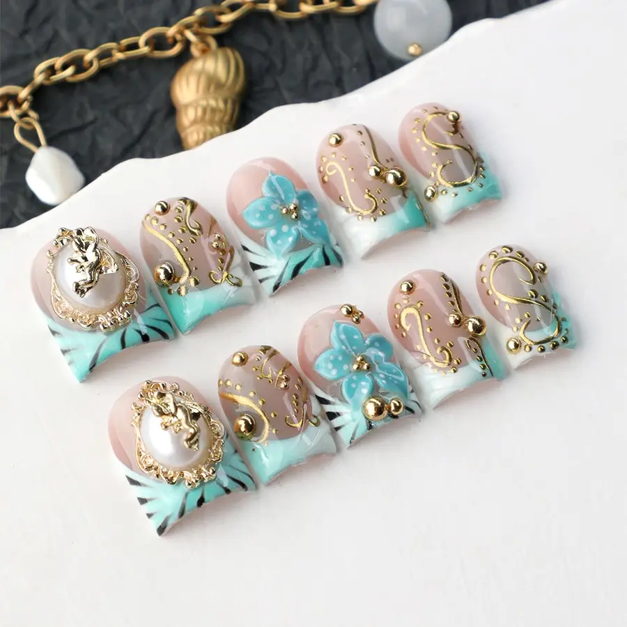 10pcs Handmade Press-On Nails, Full Cover Nails, Acrylic Gel Nail Tips, 3D Flower Design, Reusable, Includes Manicure Kit, Y2K Style, Perfect for Parties