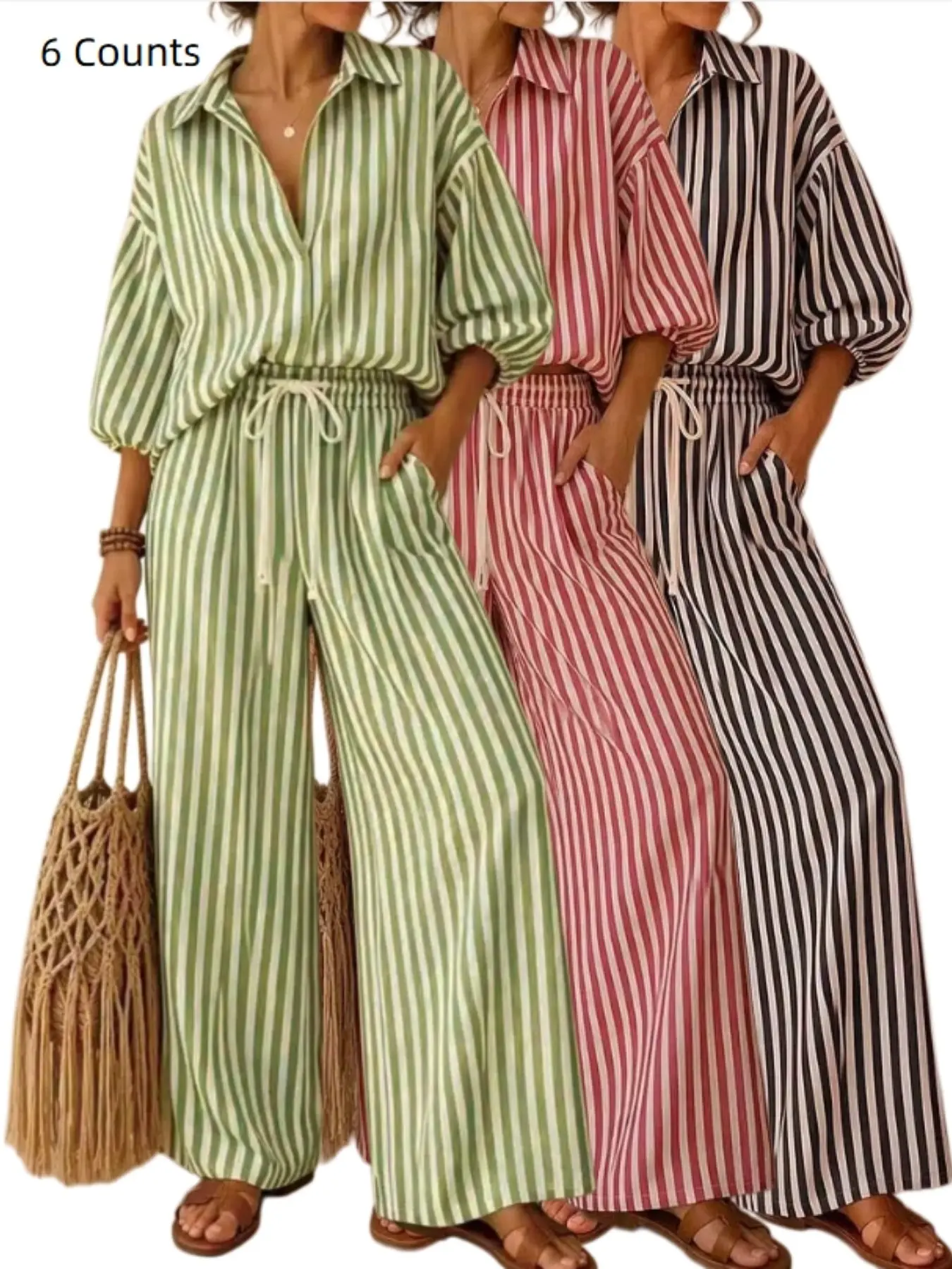 Women's 2/6 Piece Striped Lapel Puff Sleeve Button Down Shirt, High Waist Wide Leg Trousers with Pockets, Casual Beach Vacation Set