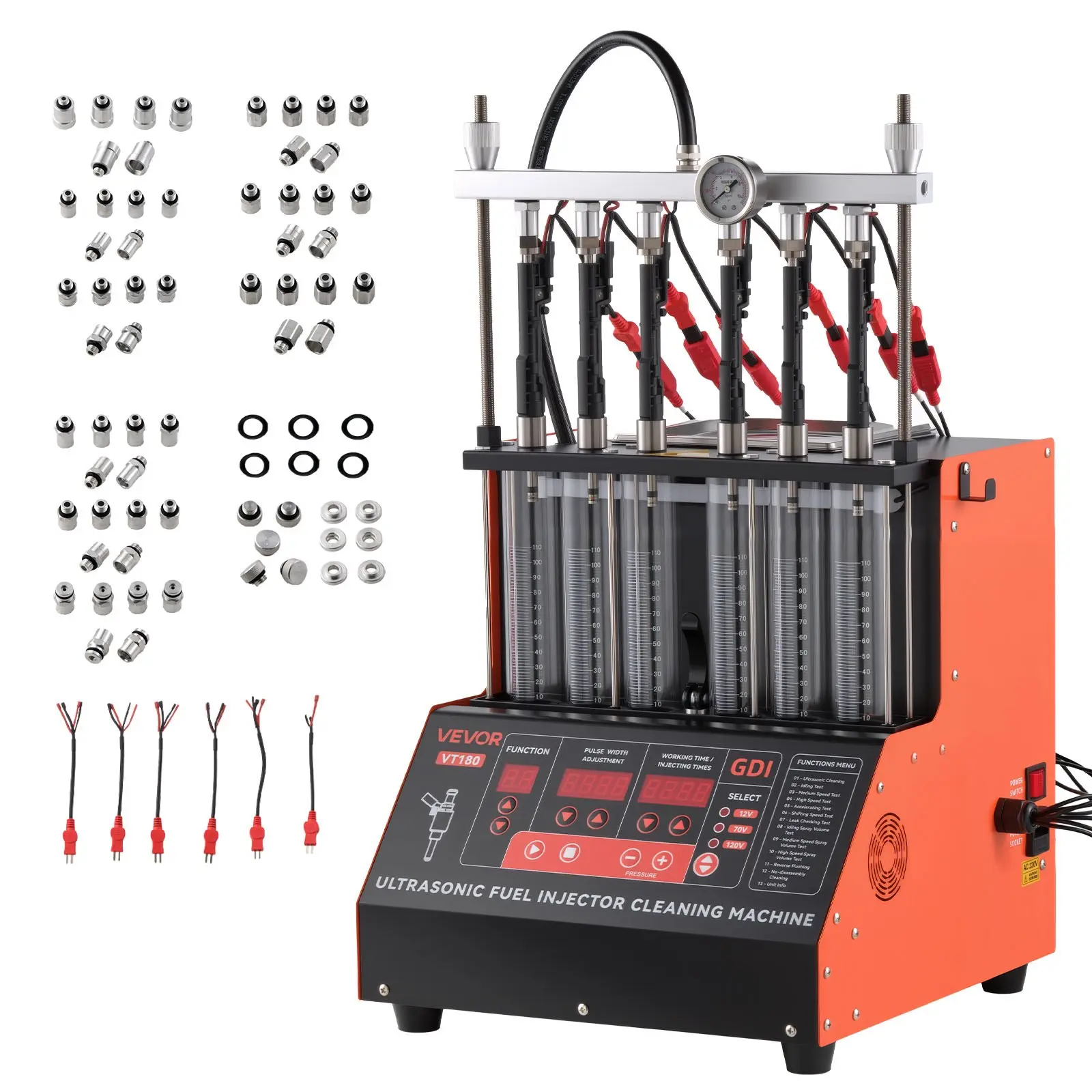 【DealsForYouDays】VEVOR Fuel Injector Cleaner Tester, 9 Test Modes, 6-Cylinder 28kHz Ultrasonic Cleaning Machine Adjustable 12V/70V/120V for EFI/FSI/GDI, Injector Cleaner Machine with Drain Valve for Car Motorcycle