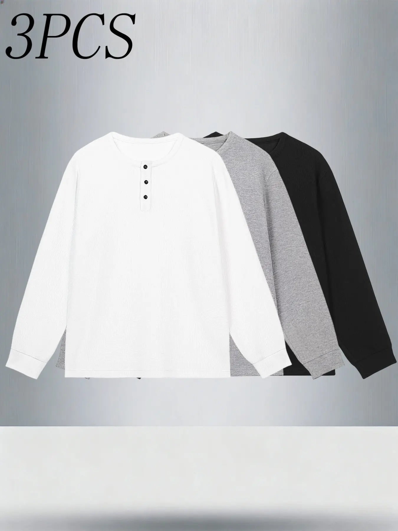 3-Pack Men's Waffle Knit Loose Relaxed Fit Henley Long Sleeve Shirts, 3-Button Boat Neck, Warm Casual Layering Tops, Spring Fall