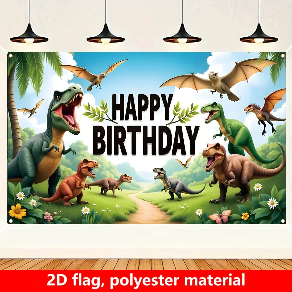 Dinosaur Adventure Birthday Banner, Tyrannosaurus Rex, Pteranodon Theme, Single-Sided Polyester, Metal Hooks, Party Decor, Photo Background