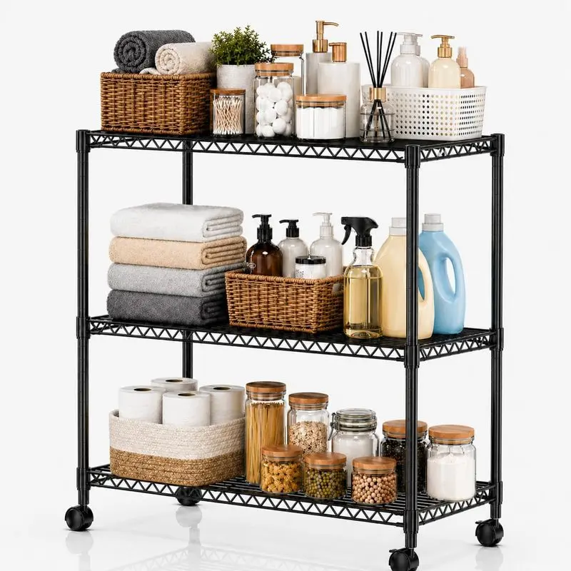 3-Tier Heavy Duty Adjustable Storage Shelf with Wheels, 23.23"W x 13.39"D x 30.31"H, Mobile or Stationary Metal Shelving Unit, Easy Assembly for Kitchen, Pantry, Laundry Room, Black