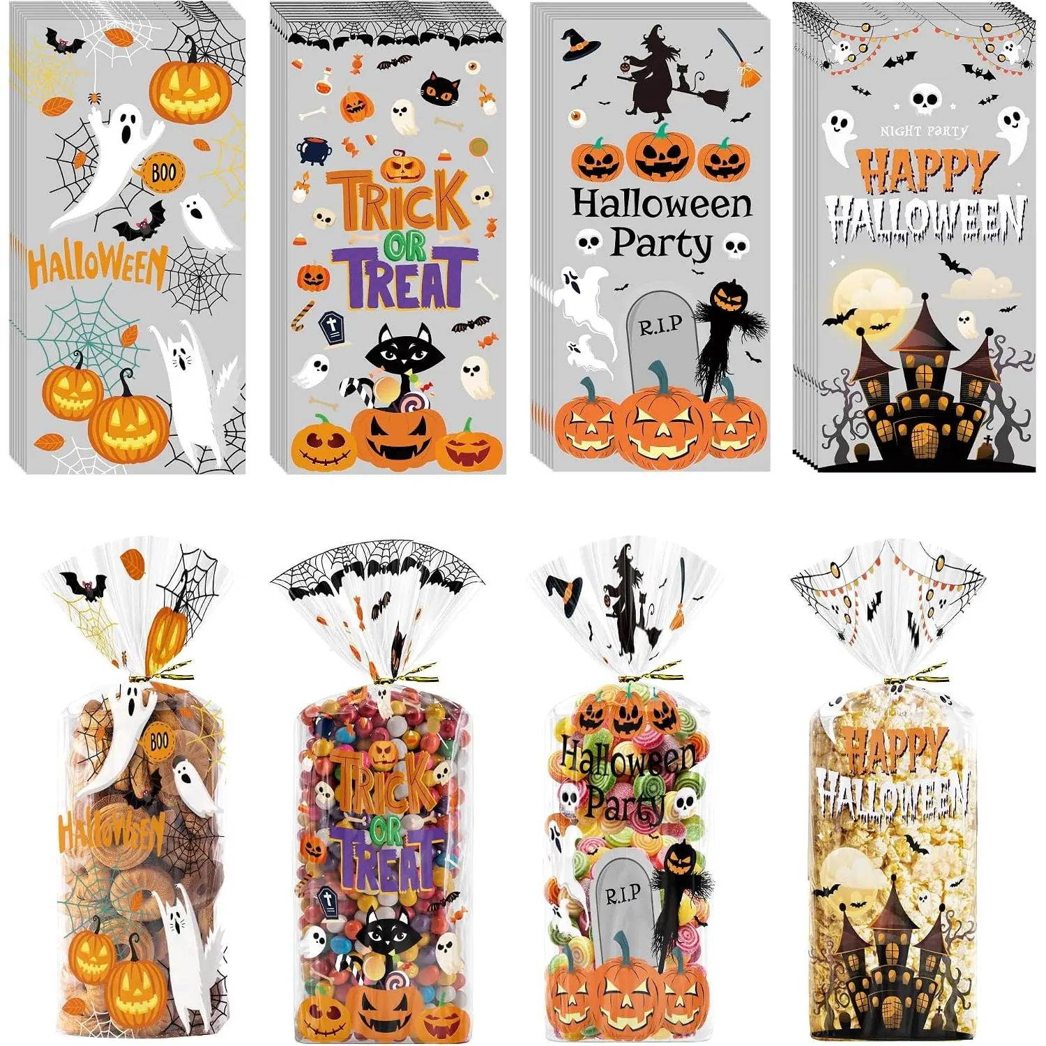Durable Spooky Halloween Synthetic Party Favor Set - 120-Count 4-Style Cellophane Goodie Bags (5.1x10.6") for Candy, Trick-or-Treat Baskets, Festive Decor