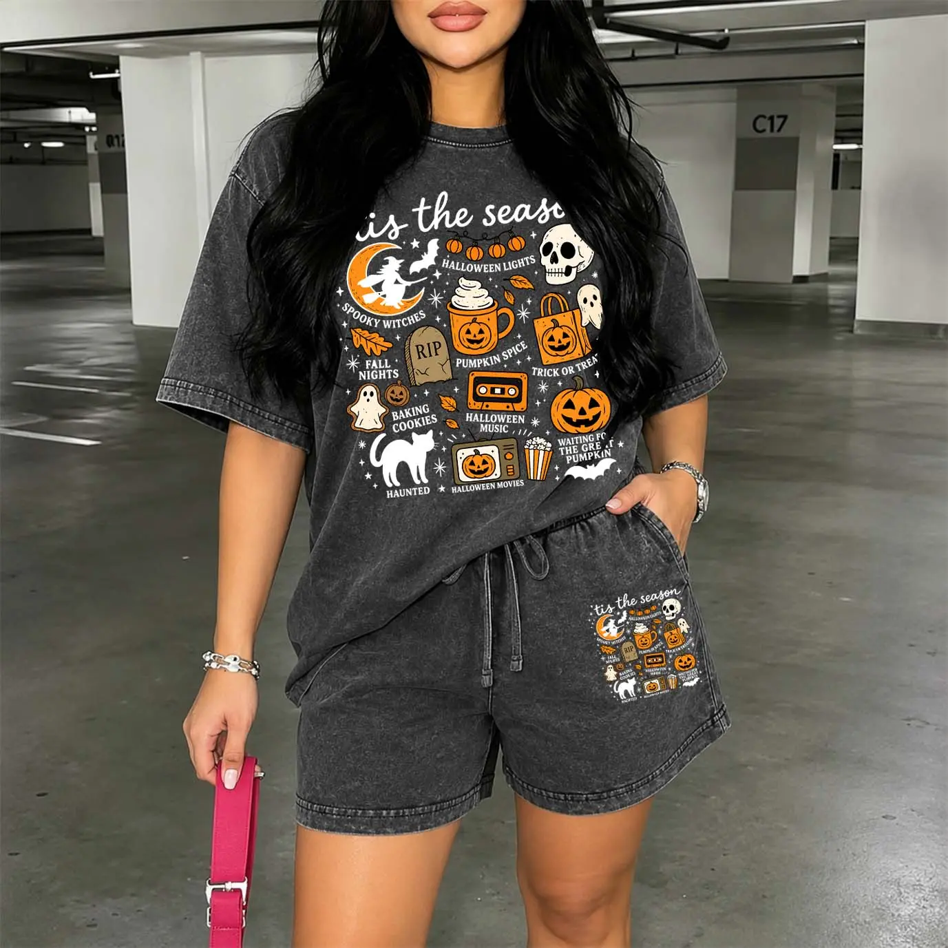 Women's Washed Cotton Shorts Two-Piece Set: A Uniquely Styled Halloween Ghost-Themed Party Outfit. Featuring White Skull And Orange Pumpkin—"Tis The Season." Patterns, And Pumpkin Designs. Also Suitable As Casual Summer Loungewear.