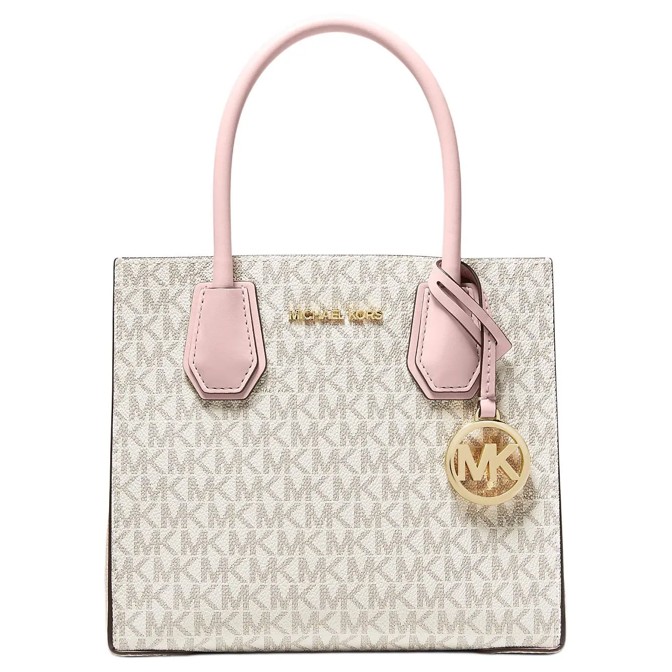 Michael Kors MK Mercer Classic Monogram Pleated Leather Handbag for Women, Shoulder Crossbody Tote, Medium Size, Sakura Pink