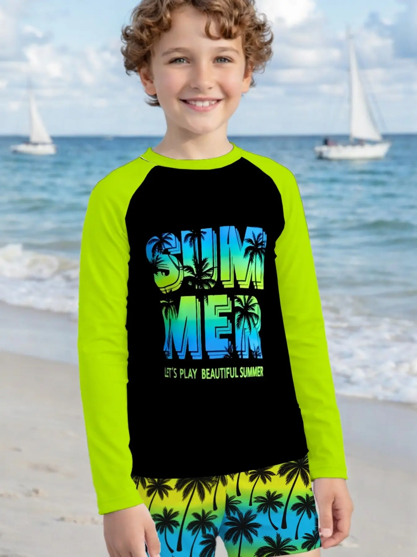 Base Summer Gradient Coconut Tree Fluorescent Sleeveless Boys' Swimwear Set, Childrens Swimwear, Quick-Dry Beach for Pool and Water Parks
