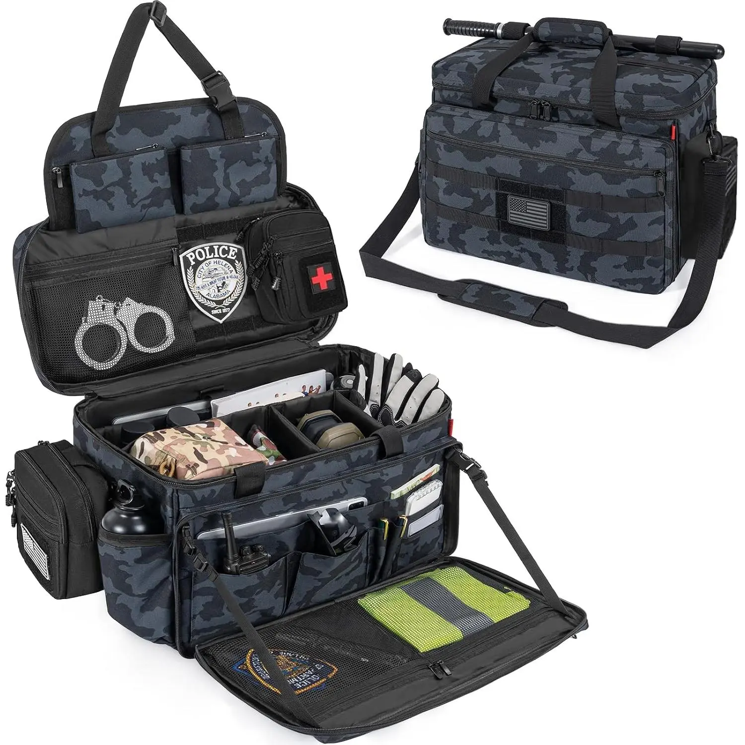 Patrol Bag Law Enforcement  Gear Bag |  Front Seat Organizer for  with Laptop Layer and Cup Holders, MOLLE System, Fits  Passenger Seat, Black Camo