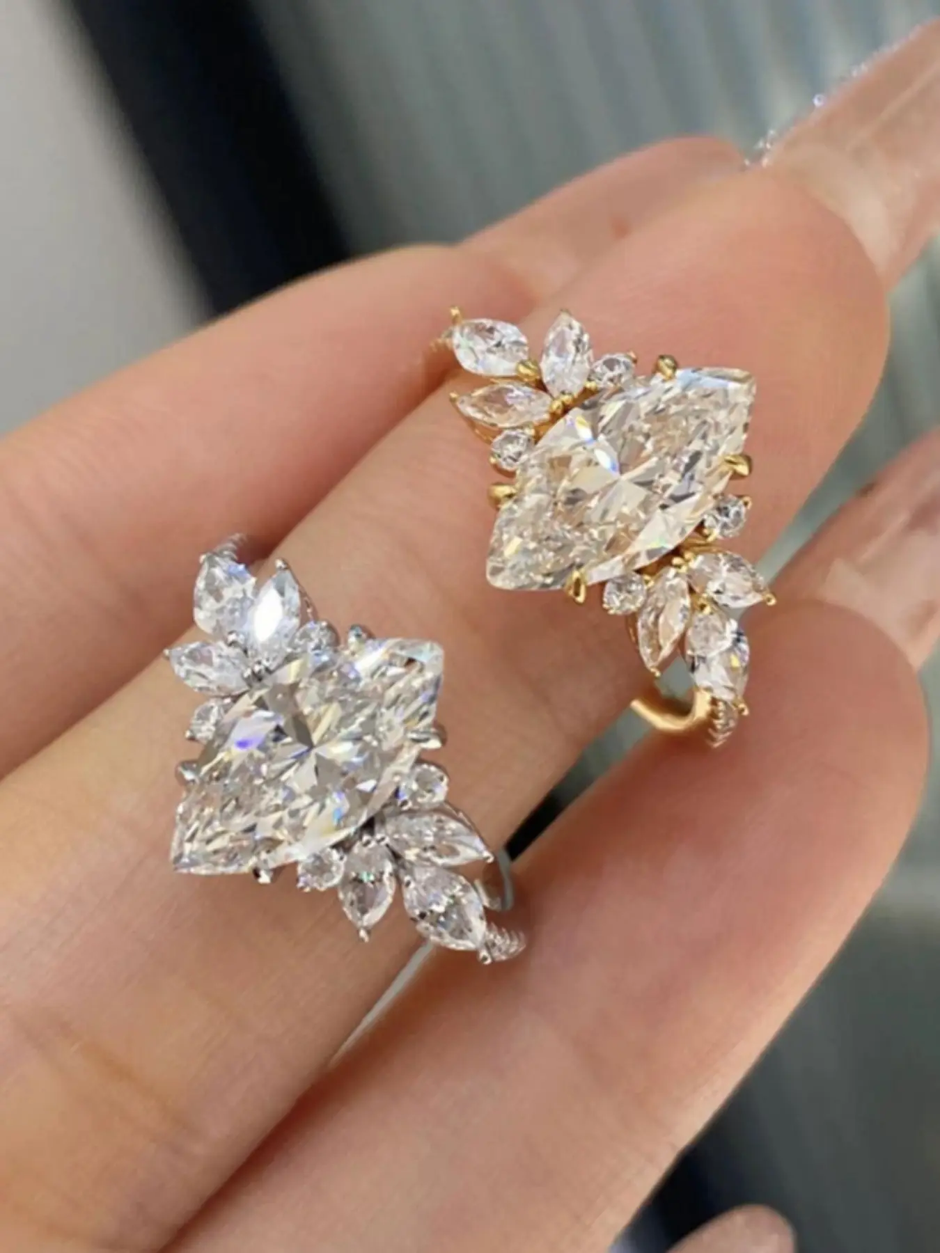 Crystal Ice Flower Luxury Sparkling Full-Diamond Marquise Cut Ring, High-End Versatile Vintage Index Finger Ring, Crystal Rings