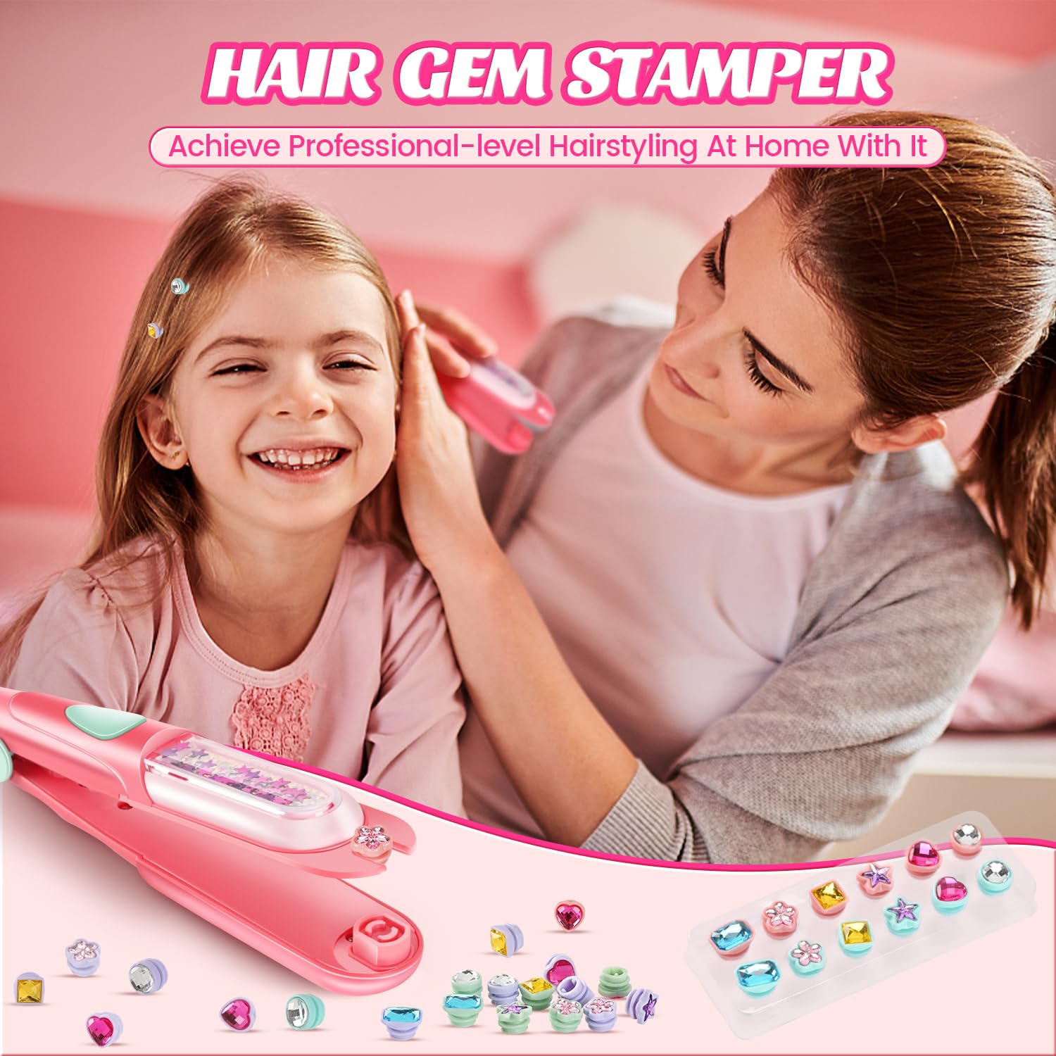 Hair Gem Stamper Kit with Reusable Shiny Rhinestones, Heatless Hair Styling Tool for Girls