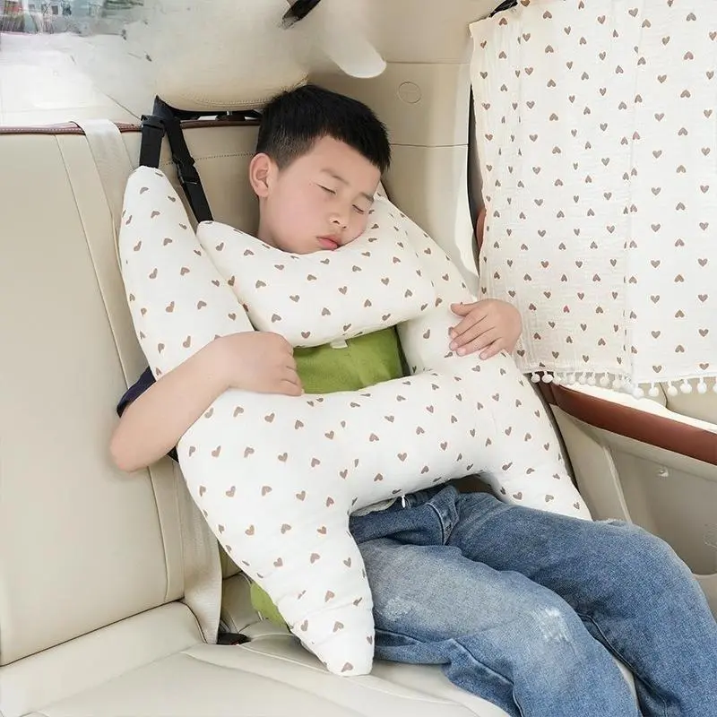 Car Headrest Pillow and Seat Belt Cushion Set, 2-Pack Contoured Knitted Cotton Neck Support, Universal Breathable Cartoon Design for All-Season Comfort, Curved