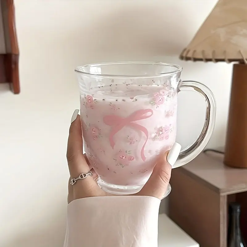 Trendy Rose Bow Print Glass Cup, 15.22oz Large Capacity, U-Shape Grip, Reusable & Easy Clean, Perfect Gift for Holidays & Graduations