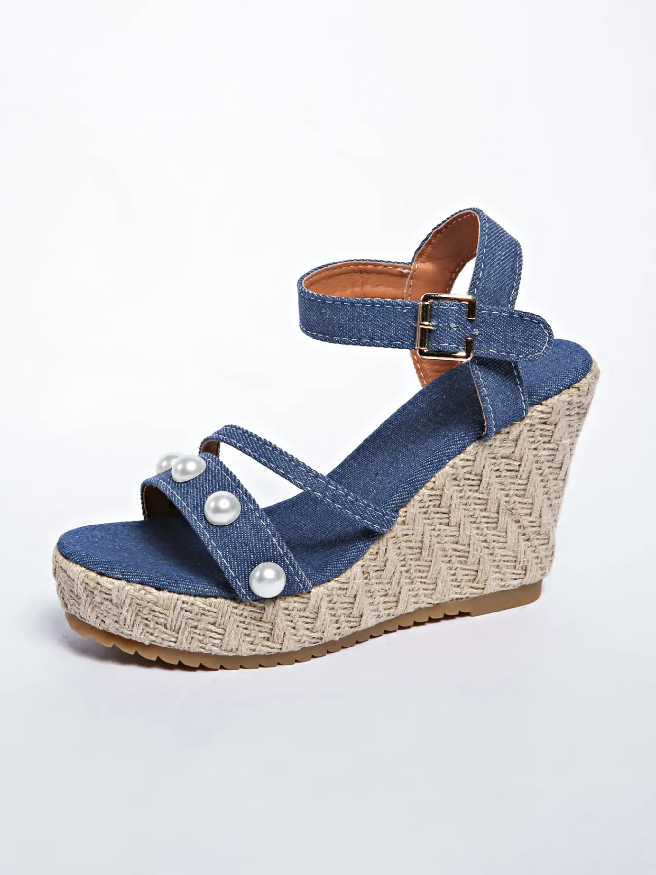 Women Denim Open Toe Faux Pearl Ankle Strap Espadrille Wedge Sandals, Soft Cushioned Anti-Slip Platform Wedge Shoes, Beach Vacation Daily Summer Casual Footwear, 1 Color Dark Blue