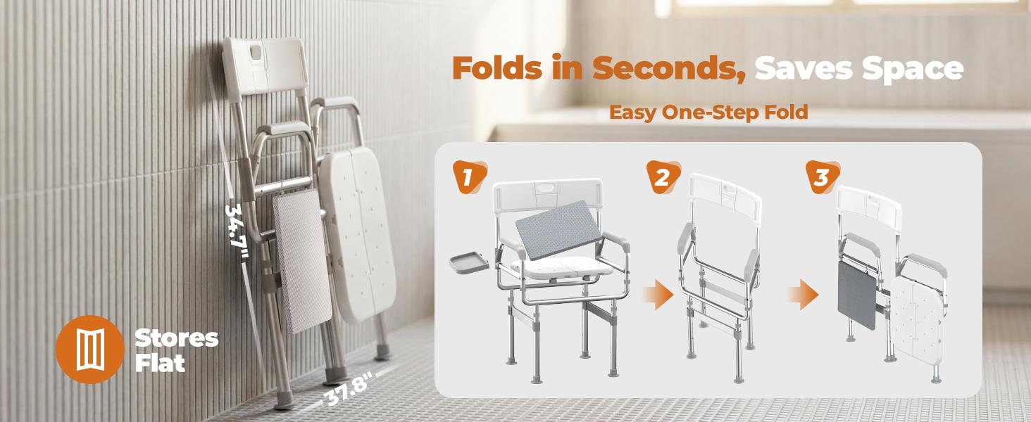 Folding Shower Chair for Inside Shower, Tub and 440lb Weight Capacity - Foldable Shower Chair for Elderly and Disabled - Shower Seat with Arms, Back, Cushion and Shelf
