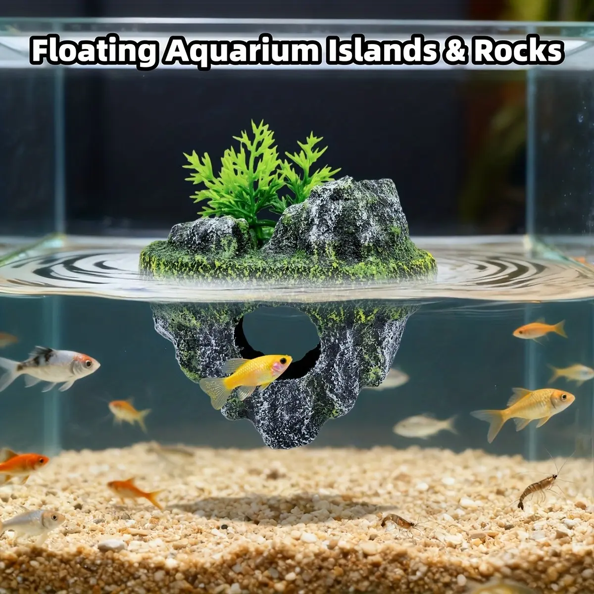 Floating Aquarium Island with Rock Appearance, Artificial Vegetation, Ideal for Fish and Shrimp, Aquatic Habitat Decor, Pond Landscape