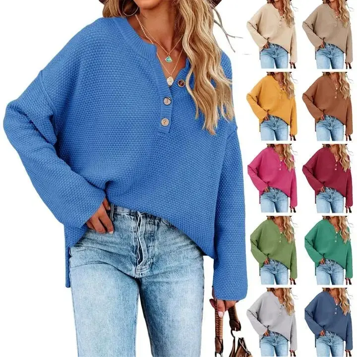 Women's Oversized V-Neck Long Sleeve Sweater - Lapping Knit Jumper