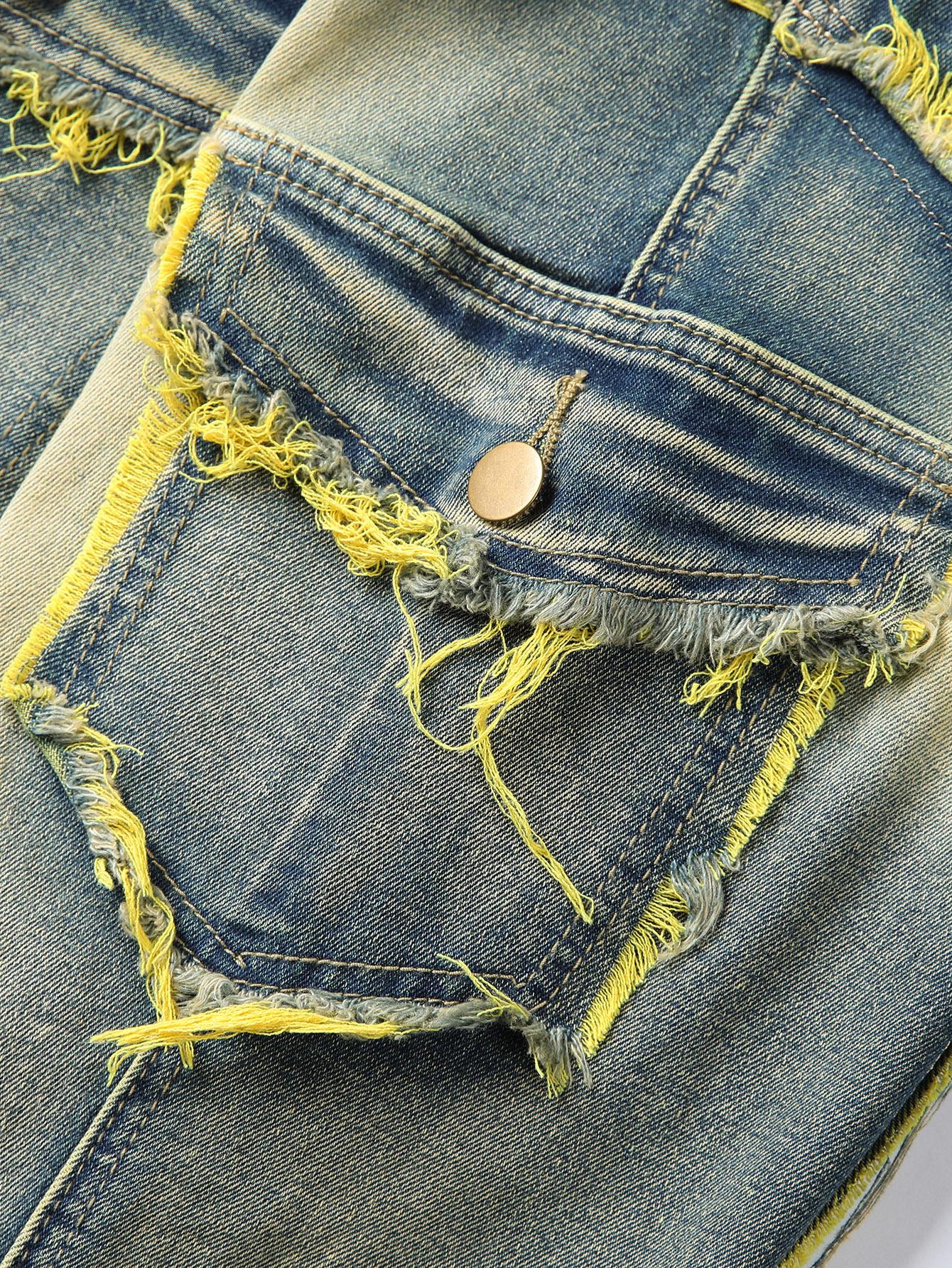 Men's Stacked Flare Jeans Distressed Mid Rise Stacked Flare Distressed Ripped Denim Jeans Frayed Fringe Vintage Wash Stretch Punk High Street Skate Streetwear Casual Daily Festival Wear for Fashion Forward Men Yellow