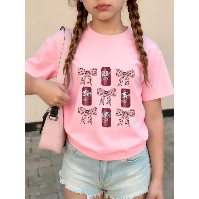 Girls' Outdoor Casual Round Neck Short Sleeve Top, Bottom Dr Pepper Soda Can Print, Leopard Bowknot Pattern, Comfortable Fit, Graphic Shirt