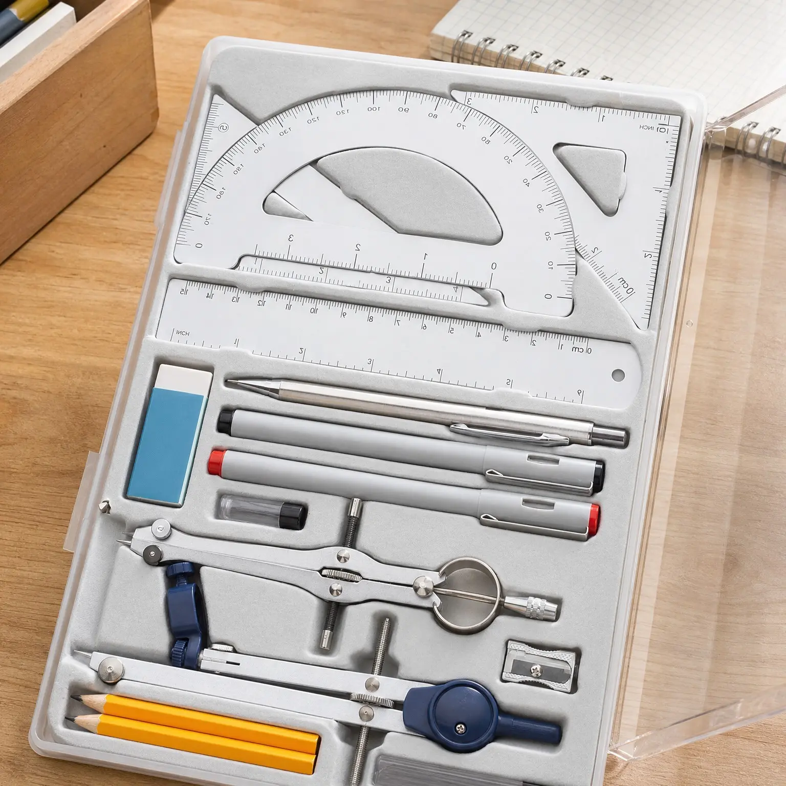 Professional Geometry Set, 15 pcs, Drafting Tools with Protractor, Compass, Metal Ruler, Triangles, Pens & Pencils, Complete Geometry & Drafting Kit for Architects, Engineers & StudentsGift