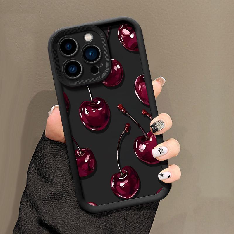 A stylish deep red cherry pattern soft TPU shockproof anti-drop full-coverage phone case, compatible with iPhone 17/16/15/14/13/12/11/x/xs/xsmax, a gift for friends, family, and yourself.