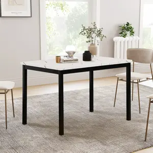 Noyes Metal Dining Table with Laminated Faux Marble Top, Off-White