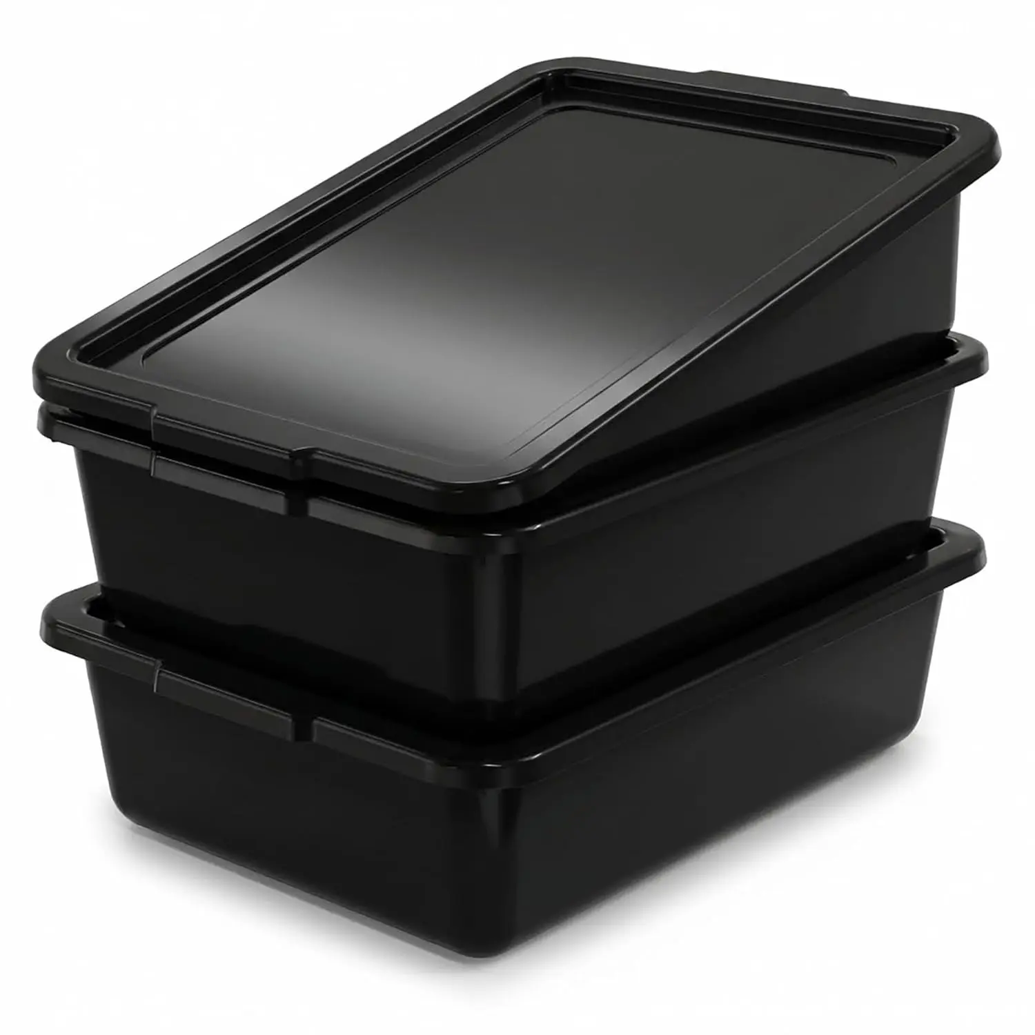 3-Pack 13 L Commercial Bus Tubs/Tote Box with Lids, Black Plastic Storage Wash Basin Tub