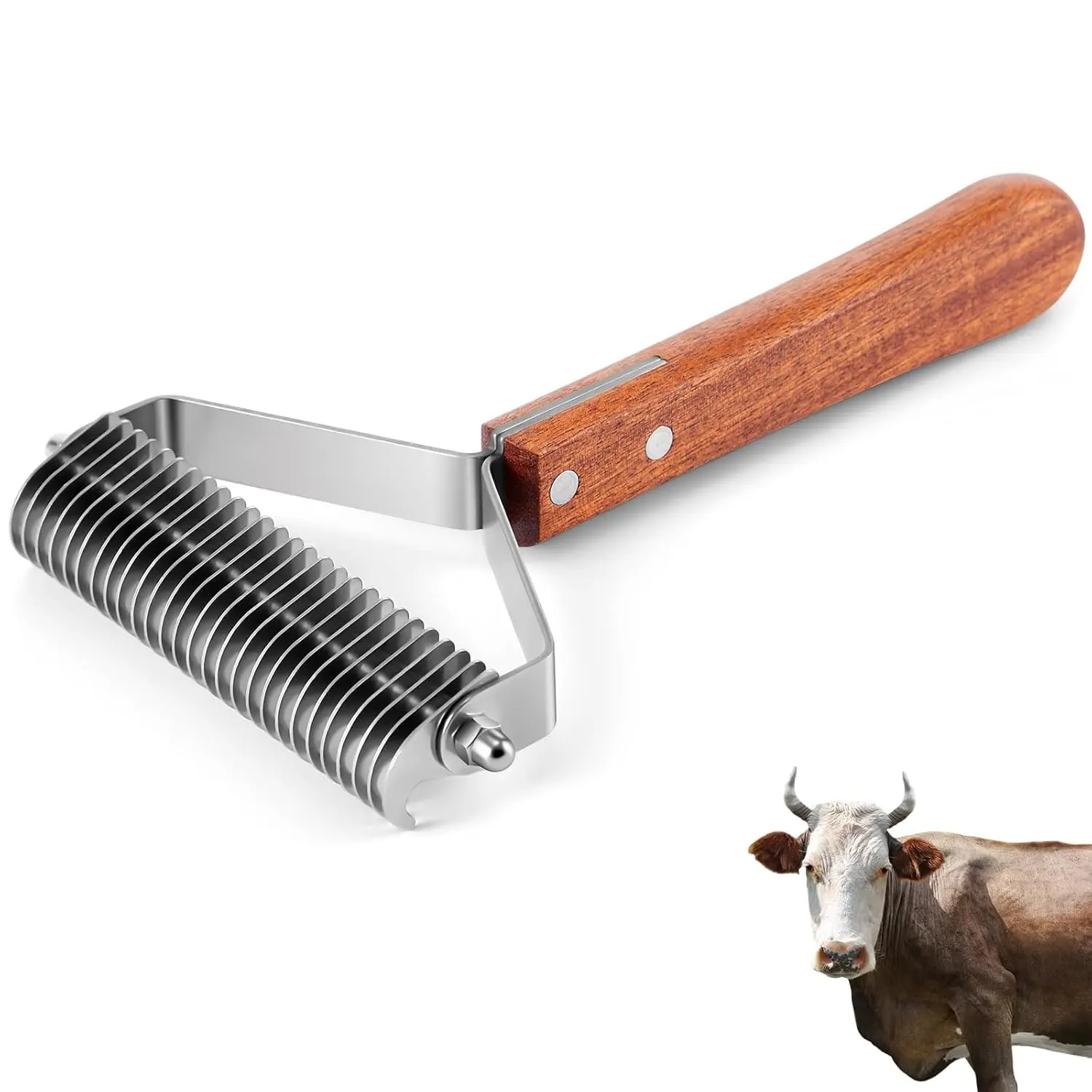 Abbylike Livestock Shedding Comb Grooming Dematting Brush Shedding Undercoat Rake for Cattle Horse Goat Cow Pets with 27 Stainless Steel Blades and Wood Handle